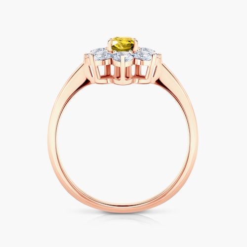 Pierścionek zaręczynowy SAVICKI: różowe złoto, żółty szafir, białe szafiry